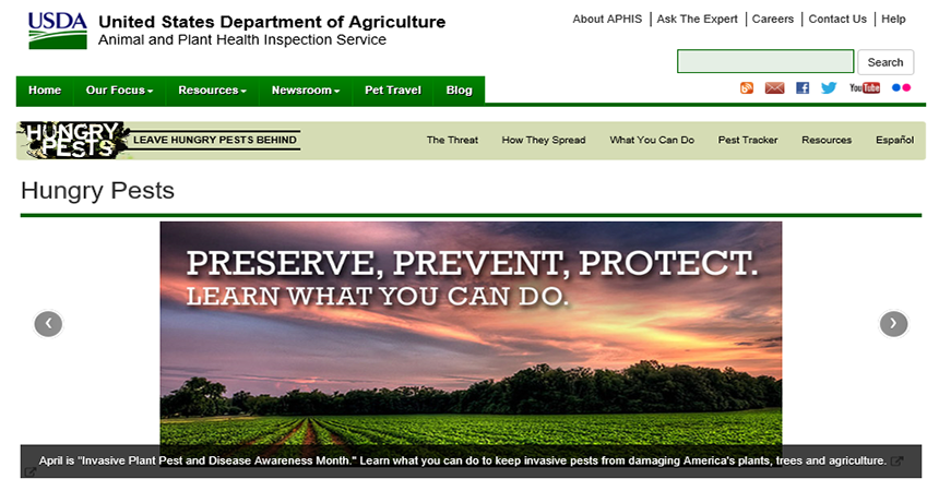 Home page of USDA APHIS Hungry Pests website